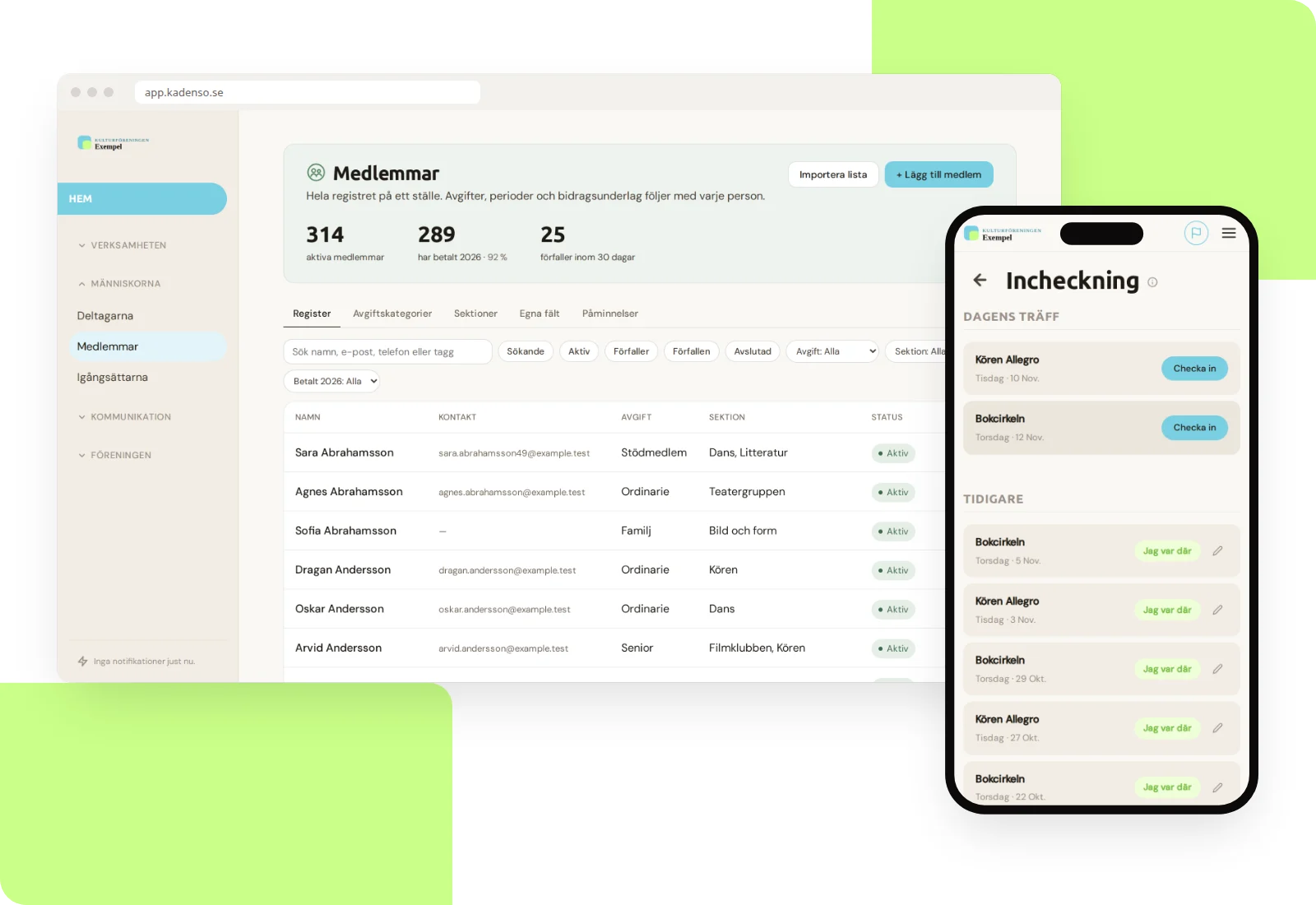 Kadenso i en kulturförening: medlemsregistret på datorn och incheckningen till kvällens körövning i mobilen. Exempeldata.